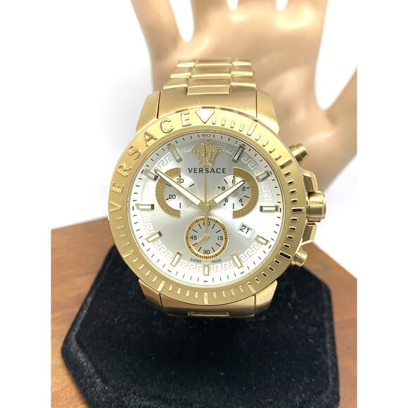 Versace Men's Watch VE2E00521 Swiss Quartz Chronograph Silver Dial Gold Steel